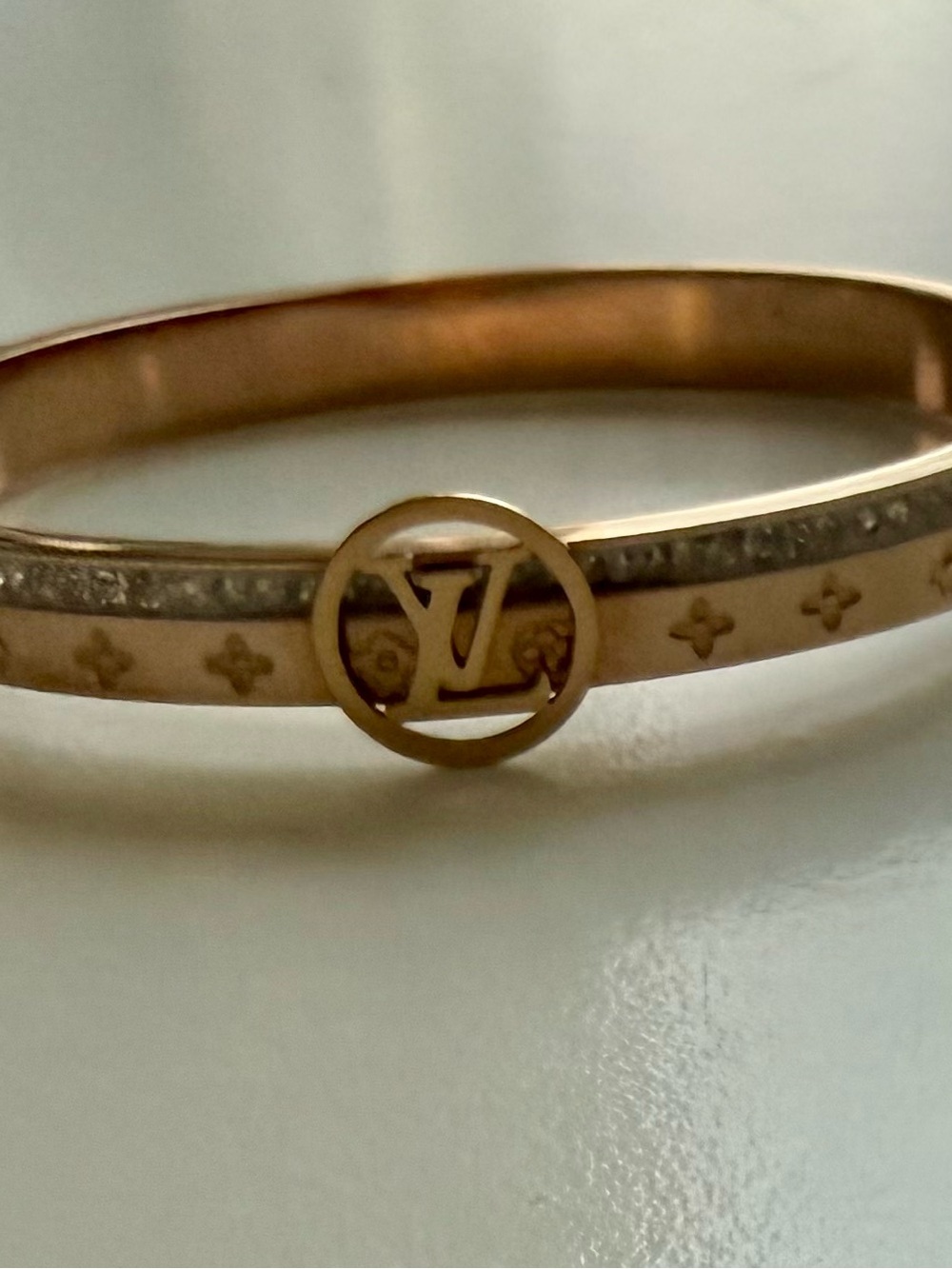 Louis Vuitton Rose Gold Logo Bangle Bracelet with Monogram Accents
